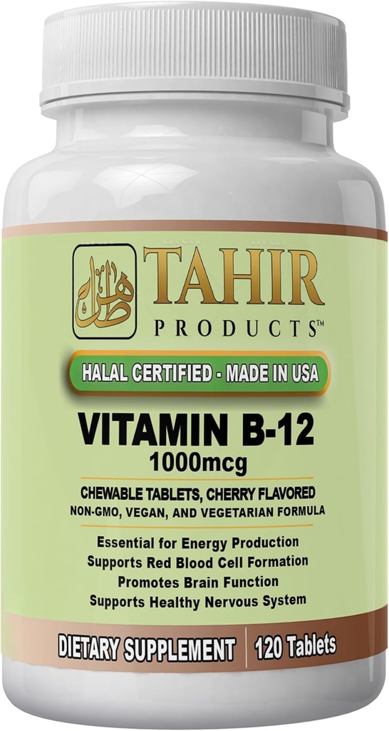 Tahir Halal Vitamin B12 1000mcg: boosts Energy,代谢和神经系统健康. Vegen & Vegetarian,无乳品,120可嚼片. 美国制造——认证Halal.