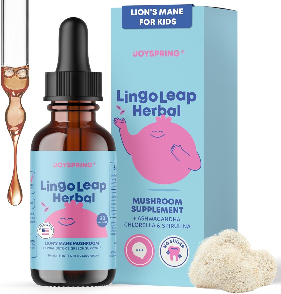 JoySpring Lions Mane for Kids – 儿童与托德勒斯的演讲延迟补编 – 狮子的Mane蘑菇, Gotu Kola & Ashwagandha 用于语音治疗与认知支持 – 易取液体 – LingoLeap Herbal