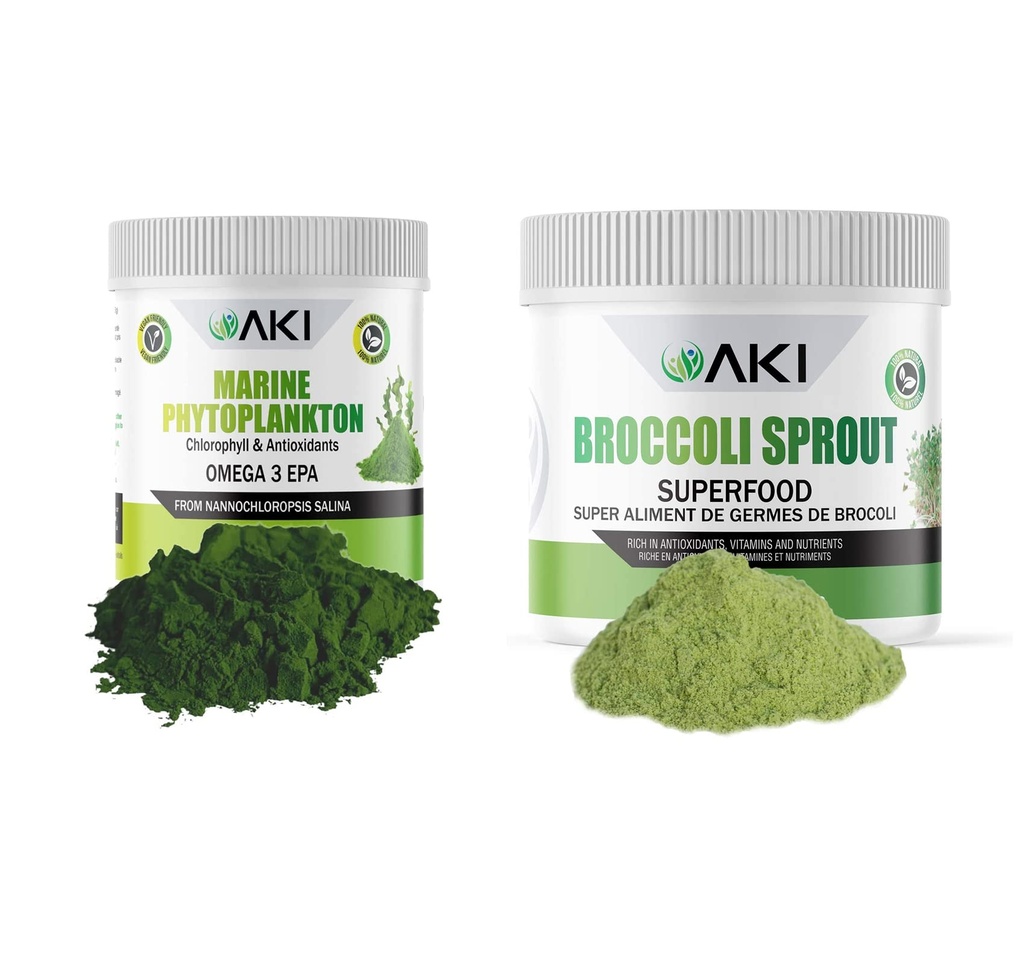AKI Broccoli Sprout Powder (5. 29oz / 150g) 和海洋植物浮游植物粉(2 Oz / 57G) - 植物蛋白与理想 维生素 | Vegan & GMO Free