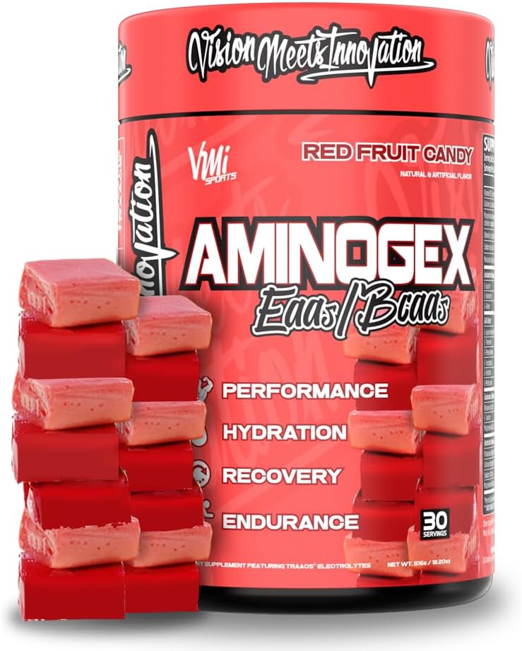 VMI 运动 Aminogex Ultra QQ BCAA 粉末 + 氨基酸 + 酸 + Glutamine + 氨基酸 工作后恢复饮料 + 使用电解质的室内工作饮料 → + 30 services)(红色水果糖)