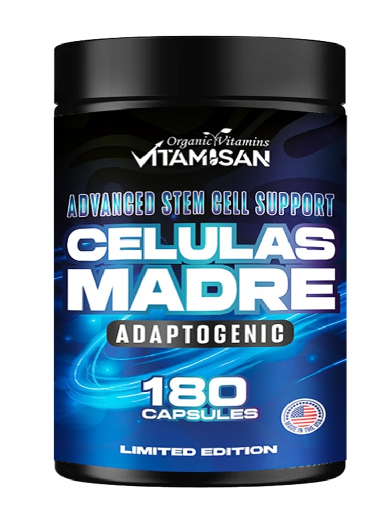 VITAMISAN Celulas Madres 180 Capsules - Stem Cell Blue Green Algae - 非转基因生物 - Gluten Free AFA - Celula Madre 补编 - 狮子的Mane Beta Glucan支持健康老龄化和Immune Spiruina.