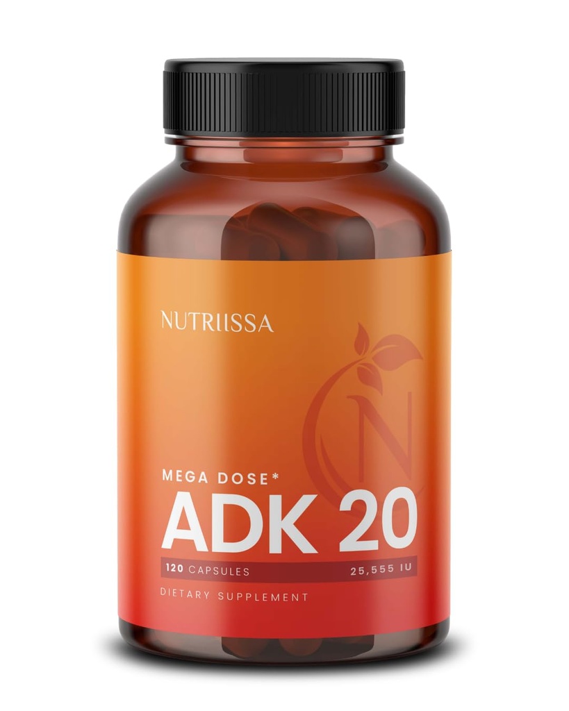 Nutriissa ADK 20 - 维生素A、D和K(25,000 IU)的Imune和Bone健康支持 - 4-Month 供应 - EPEB 纯度和概率认证 - 120 Vegan Capsules
