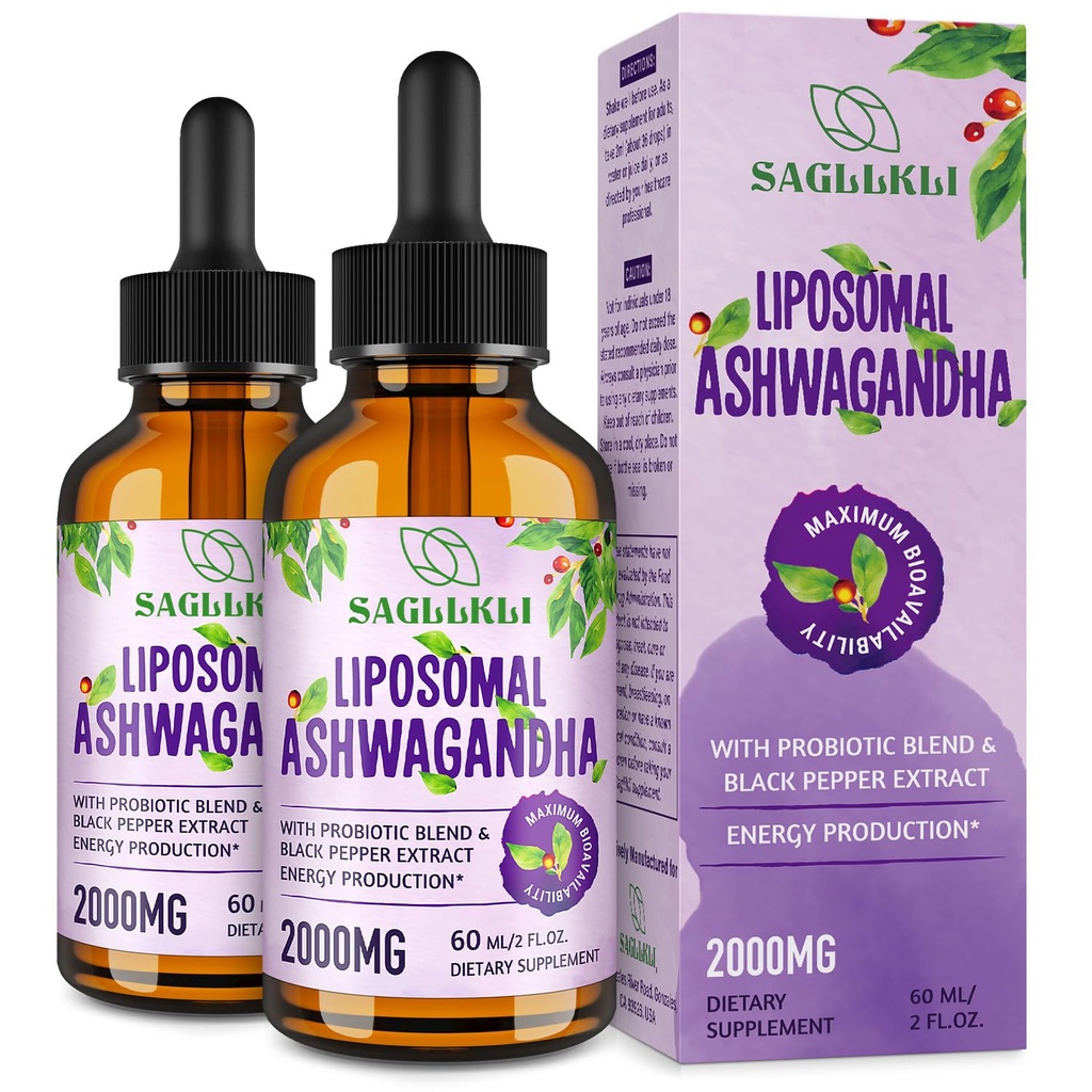 Liposomal Ashwagandha液滴2000mg, Ashwagandha 根提取补充物(7% Withanolides),配有黑椒提取剂和聚焦、认知和能源的抗生素——4 FL.OZ(2瓶)