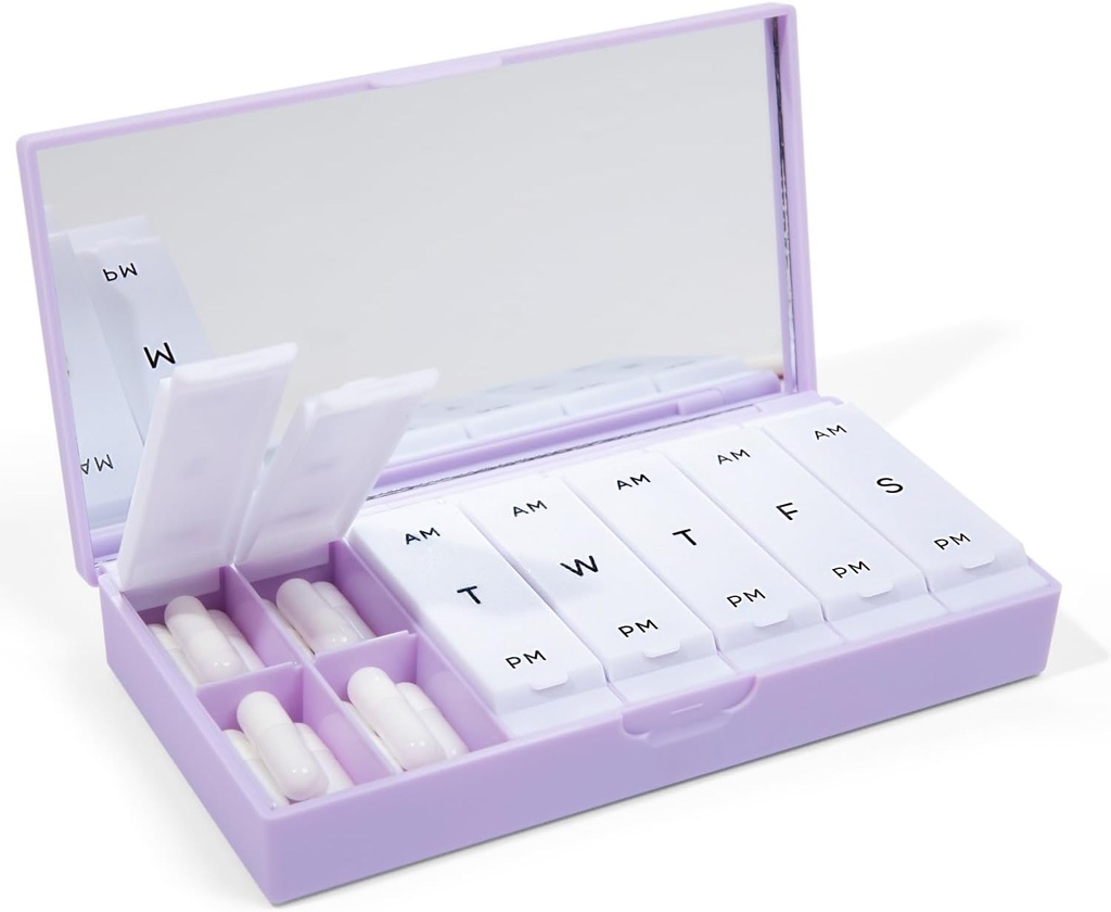 PORT X POLISH 设计师 每周药盒组织者(AM/PM 2X Daily, Lilac) QQ Contract,时尚7天维生素补充案例 QQ可爱便携式迷你旅行药品 载体 QQ BPA免费药盒 Caddy
