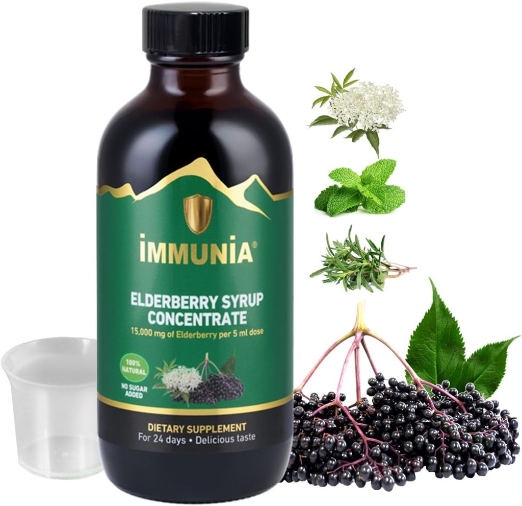 Immunia Elderberry Syrup 帮助强化免疫系统. 长莓花 和辣椒薄荷 24天/瓶(1-包)
