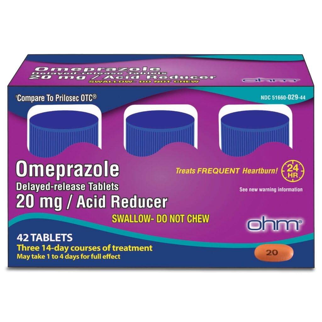 Ohm Omeprazole 20mg, 42 延缓释放药片, 经常心脏灼伤的减酸剂, 24Hour Relieve Heartburn Medicine, 帮助 relieve 胃和胸部不适(供应6周, 42, 计数)