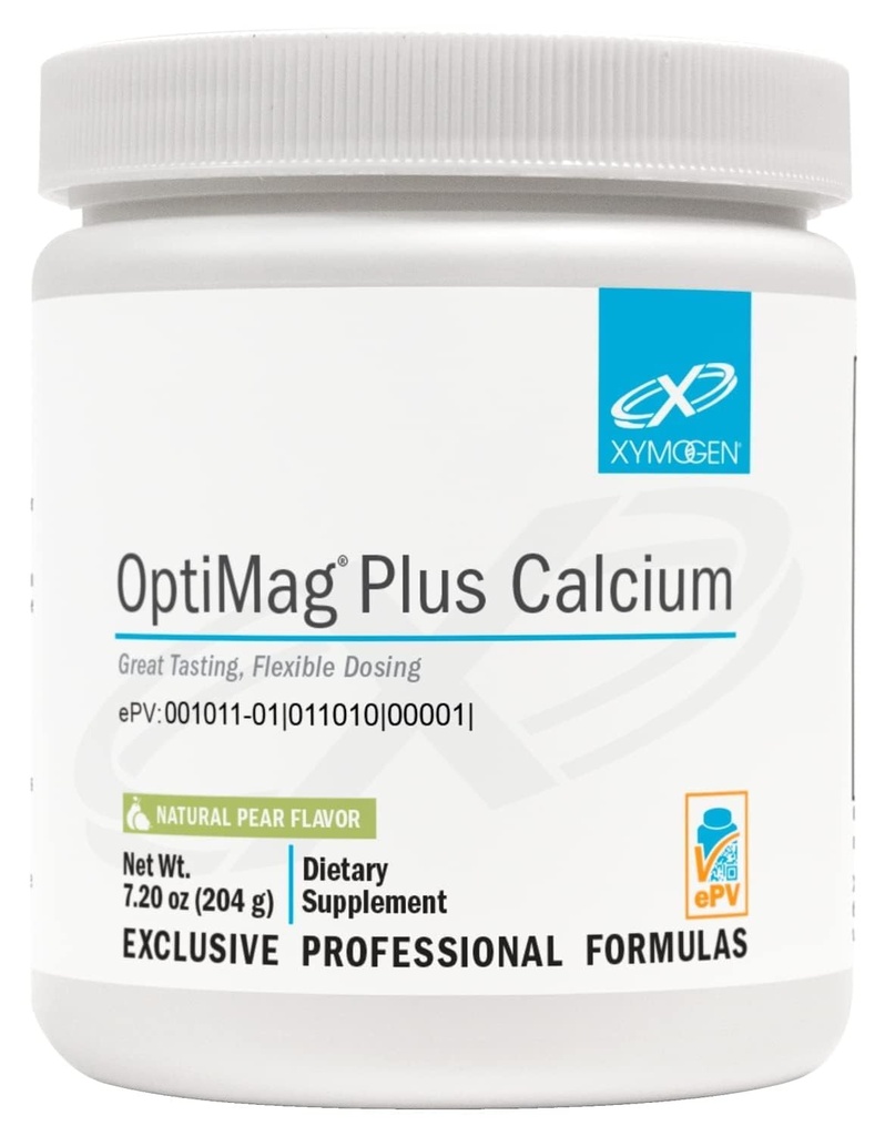 XYMOGEN OptiMag Plus Calcium - 配有钙的大味镁粉,用于支持冷静行为,健康黏液,健康骨骼+肌肉功能 - 梨花,配有枫酸镁(7.2 oz)