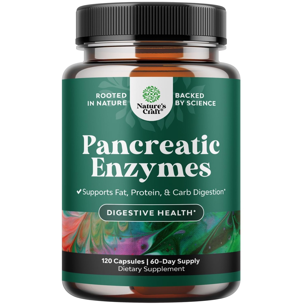 Natures Craft Pancreatin 消化酶促进消化酶健康 - Pancreative Enzyms 人类与脂肪卡布和蛋白质妇女和男子的Pancreative Enzymes - Protase Amylase & Lipase 消化酶 - 120ct