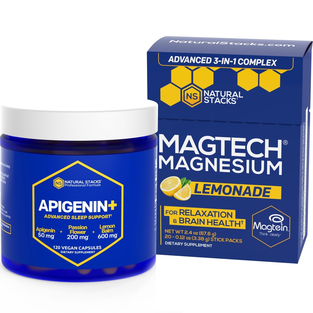 Natural STACKS Magtech Magnesium drink Mix + APIGENIN+ 补充包 - 支持放松,脑健康与睡眠 * - 80 服务