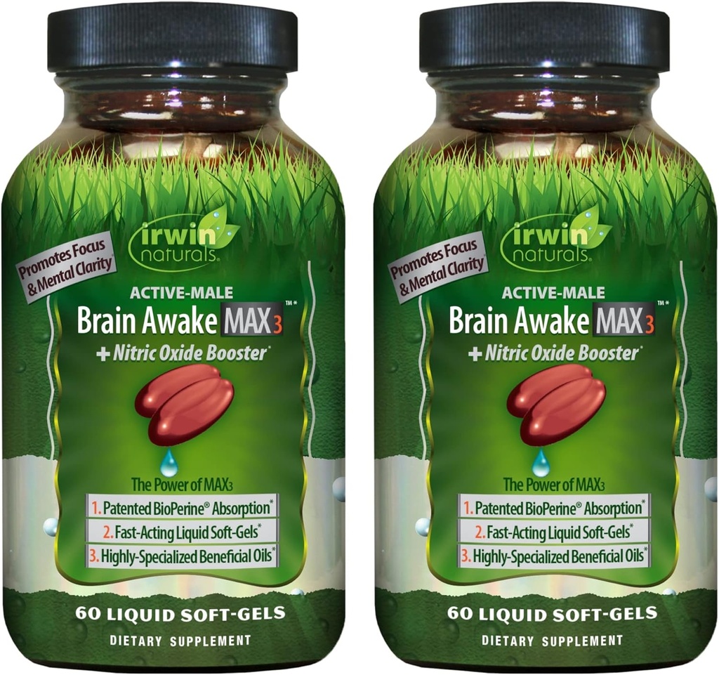 Irwin Naturals Brain Awake Max3 + Nitric Oxide Aboster - 60 Liquid Soft-Gels, pack of 2 - 支持大脑健康和优化性能 - 40 总服务