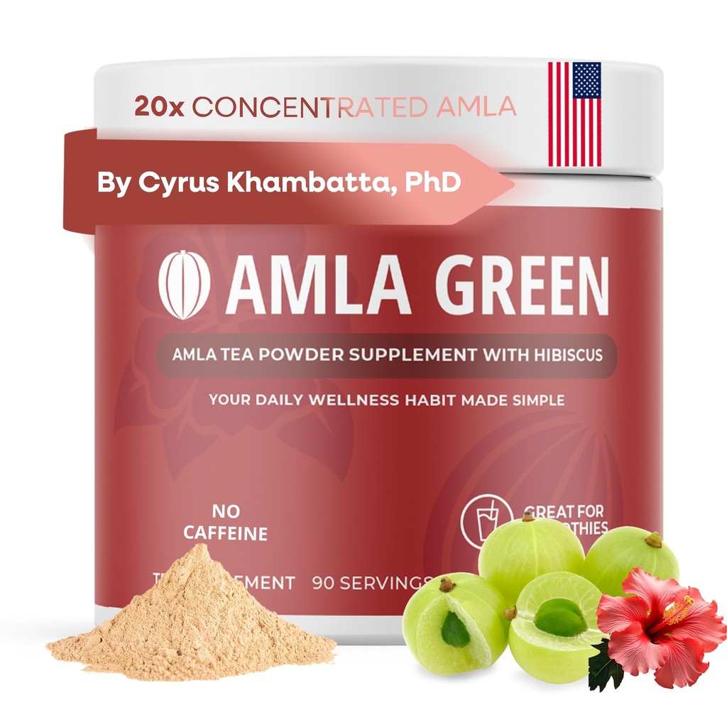 Amla Powder & Green Tea Superfood Supplies with Hibiscus, 20x超集中的Amla, 抗氧化剂支持, 由Oolong Tea和印度鹅浆, Organic, Vegan, Hibiscus, 90 services 制成