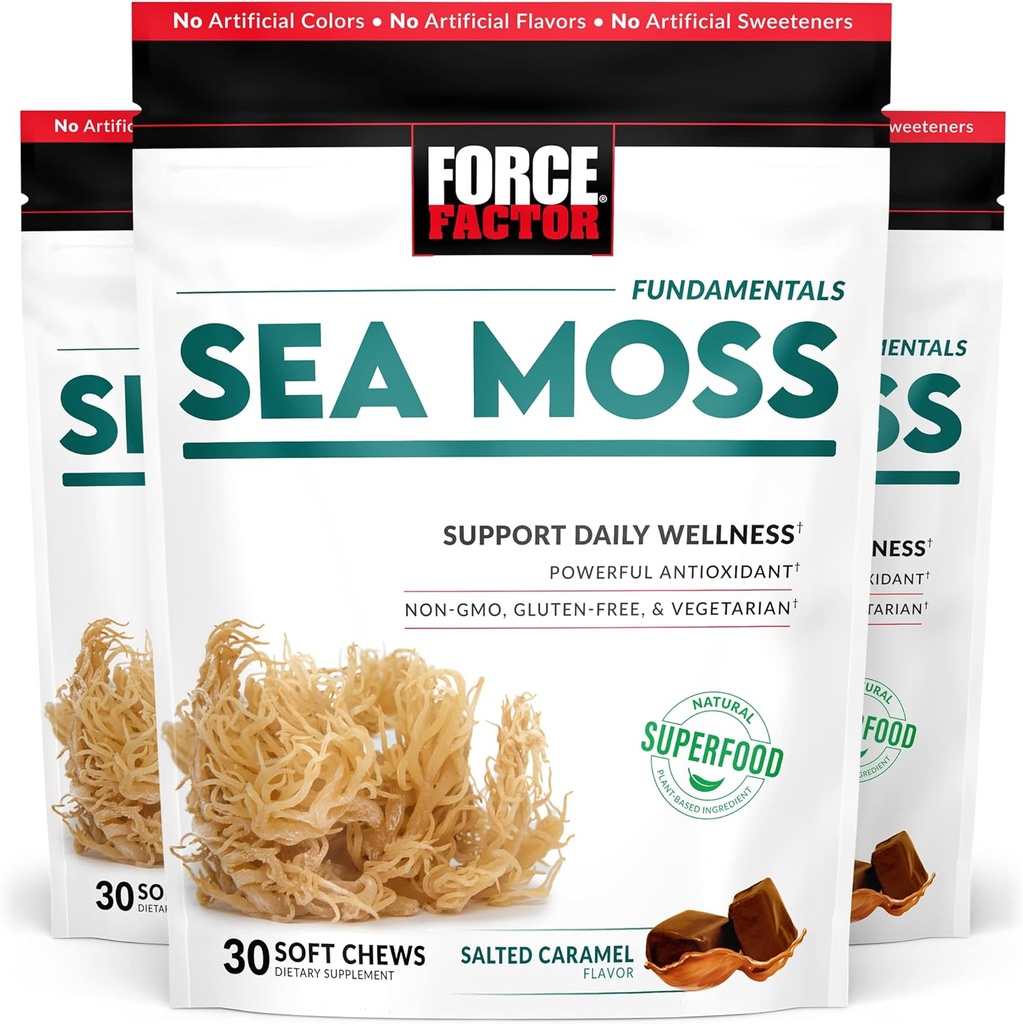 FORCE FACTOR Sea Moss Soft Chews,支持豁免,文摘,和心脏健康,爱尔兰海Moss超级食品和抗氧化剂补充,Non-GMO,Gluten-Free,Salted Caramel Flavor,90 Soft Chews,3-Pack