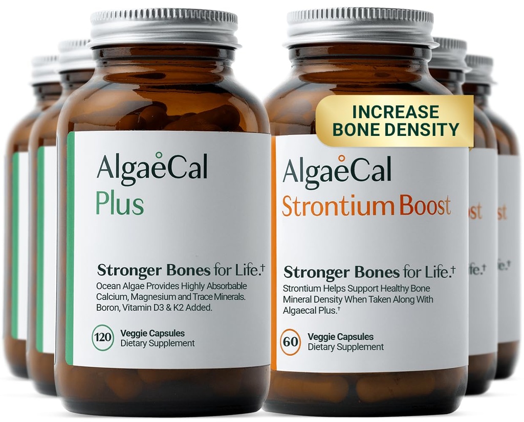 ALGAECAL - 骨密度、临床支持的植物基钙补充剂和Strontium、维生素K2、D3、镁和16矿物质的骨制包,3-月供应,美国制造