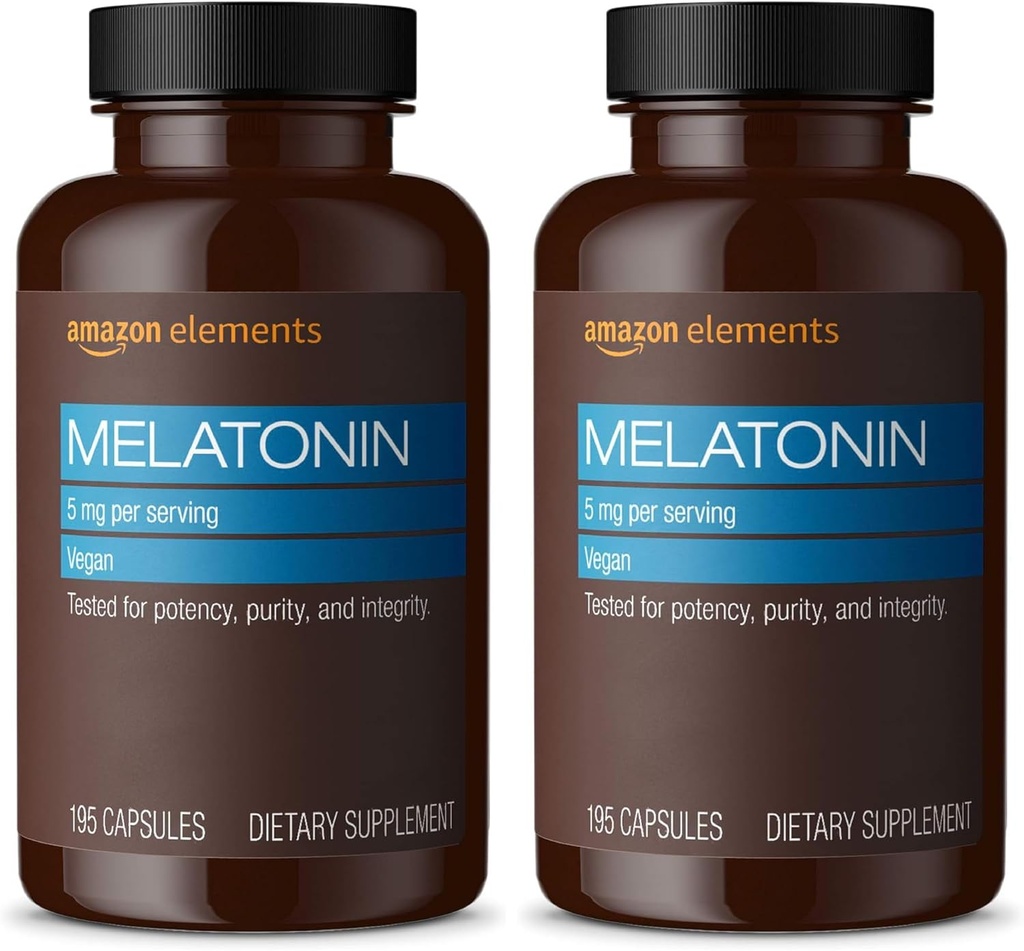 元素 - Melatonin 5 mg Capsules, 帮助偶尔失眠, Vegan, Unflororored, 195 Counter (Pack of 2), 6个月供给(Package May Vary)