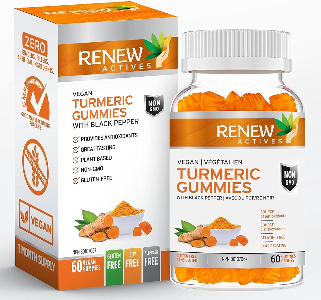 RENEW ACTIVES Vegan Turmeric 130MG 每2个加黑辣椒用于强化吸收 – 抗氧化剂支持和免疫健康 – Great Tasting, Easy-to-Swallow Supplement, 加拿大制造 60 Gummys