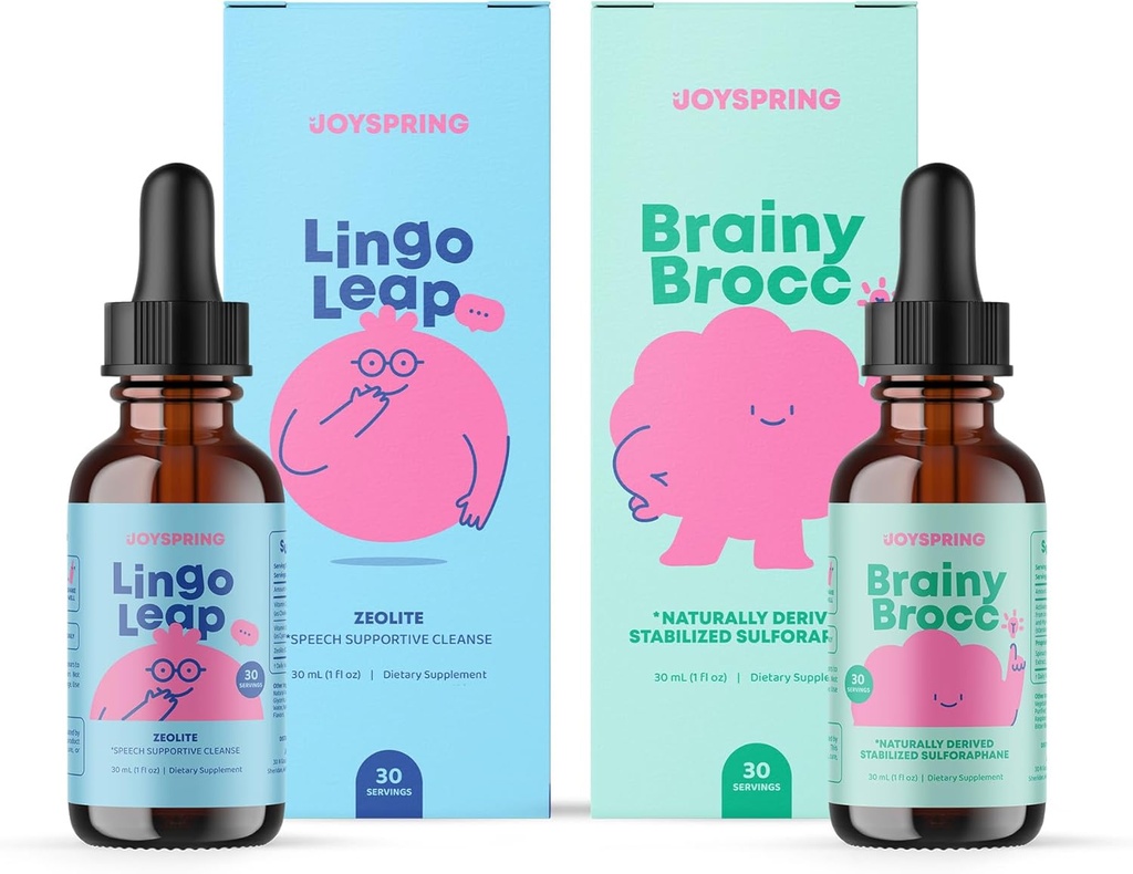JoySpring BrainyBrocc & LingoLeap Dropps Bundle 儿童维生素自然来源,非GMO,非酒精液体公式,豁免健康支持 QQ Vegan & 蔬菜补充