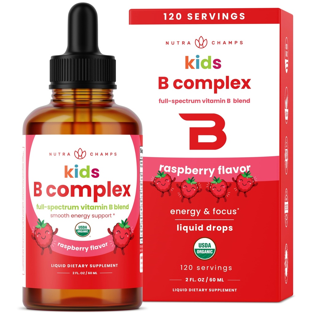 NutraChamps Vitamin B Complex for Kids, B1, B2, B3, B6, B7, B9 & Methy B12, Kids B 复合液滴补充,能源,焦点,代谢,天然莓, 120 服务, 4个月供应