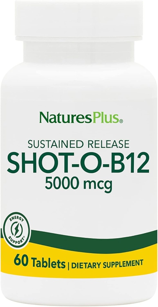 Natures Plus Shot-O-B12 (Methylcobalamin), 持续释放 - 5000 mcg, 60 蔬菜片 - 高潜力,快速代理 B12 补充 - 记忆与能量促进器 - 格鲁滕-无 - 60 服务