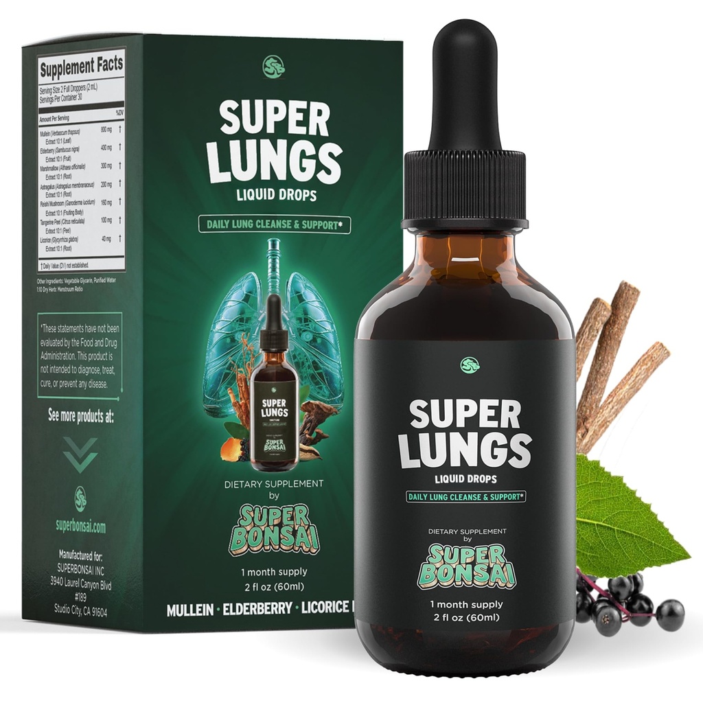 超级邦赛超级肺 Mullein Drops – 草药肺支持丁香与穆林叶提取 长老莓 Reishi Marshmallow Root – 支持清清呼吸与健康 – 2 oz