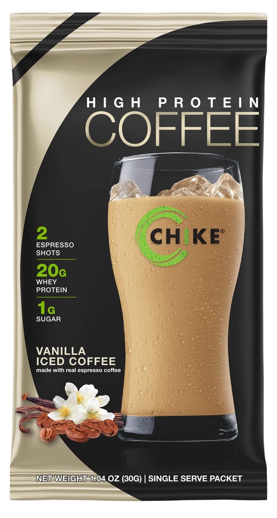 CHIKE 香草高蛋白冰咖啡,20G蛋白,2Shots Espresso,1G糖,Keto Friendly and Gluten Free,12 Single Service Packets