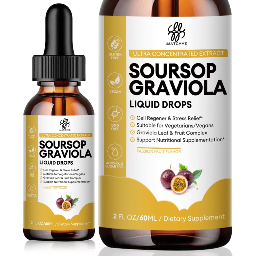 iMATCHME 消化、支持健康皮肤和睡眠的Soursop Graviola Premium Soursop Graviola, Soursop 提取液体从Graviola叶和水果中脱落,糖/咖啡因/葡萄糖自由,激情水果火焰,2 Fl Oz