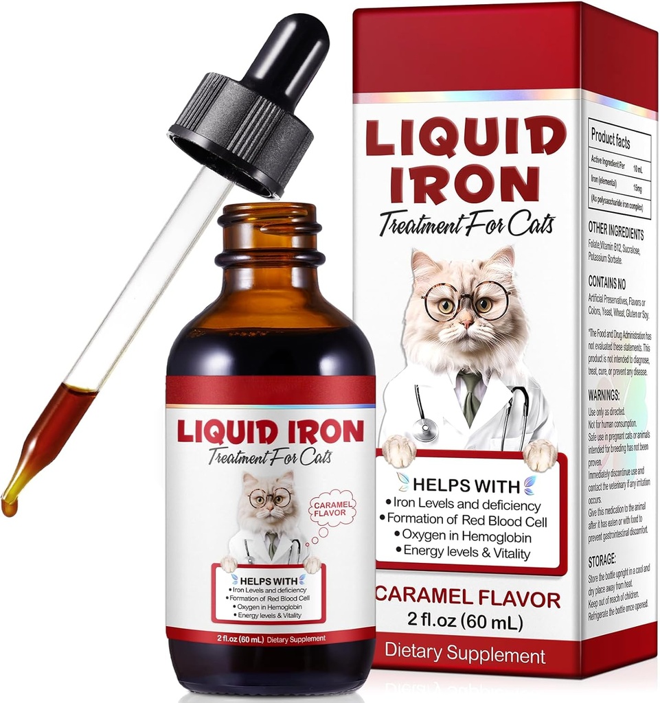 猫的铁辅料,60ML液态铁配Folate和B12支持贫血,低耐力水平和Lathargy,促进红血球形成和血液健康