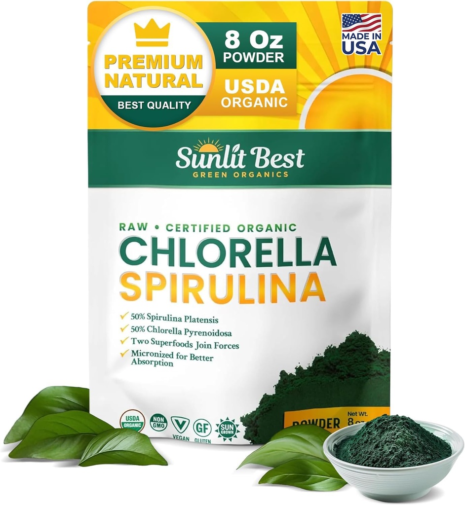 Sunlit Best USDA Organization Chlorella Spirulina Powder - 100% Raw & Vegan 蛋白质和氯酚源 | 非 GMO & Gluten 自由超级食品能源饮料 | Gut 健康与免疫支持补编,8 oz