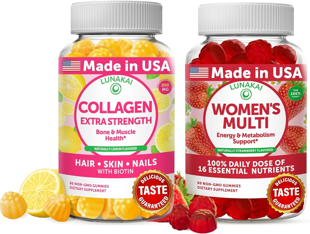 Lunakai Collagen and Women's multivitamin Gummys Bundle - 非GMO 抗衰老补充剂与生物素,锌,维生素C和E - 16种基本维生素和矿物的日值100% - 30天供应量