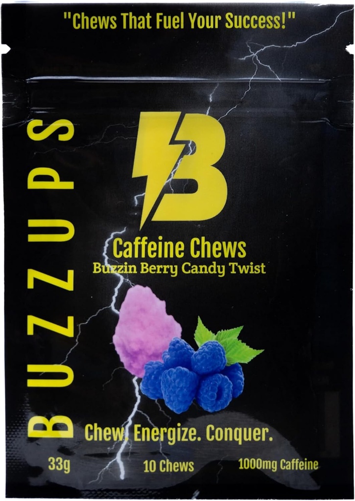 BuzzUps Cafeine Gummys – 100mg Cafeine – Gummy, Buzzin Berry Twist Flavor, 每包1000mg 总计, 跑步能量补充, 自行车, 游戏,耐力运动(30 Gummys, 3-Pack)