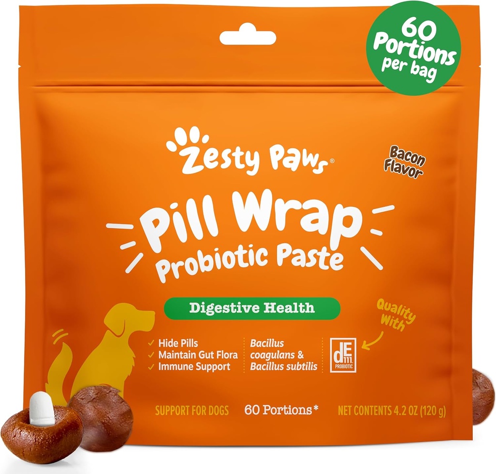Zesty Paws Pill 包装 Probiotic Paste for Dogs - Immune & 消化系统支持 - Bacon Flavor - 与 DE111 细菌 subtilis - Pockets Any Pill, Tablet & Capsule for Your Dog - 4.2oz - 60 Portions