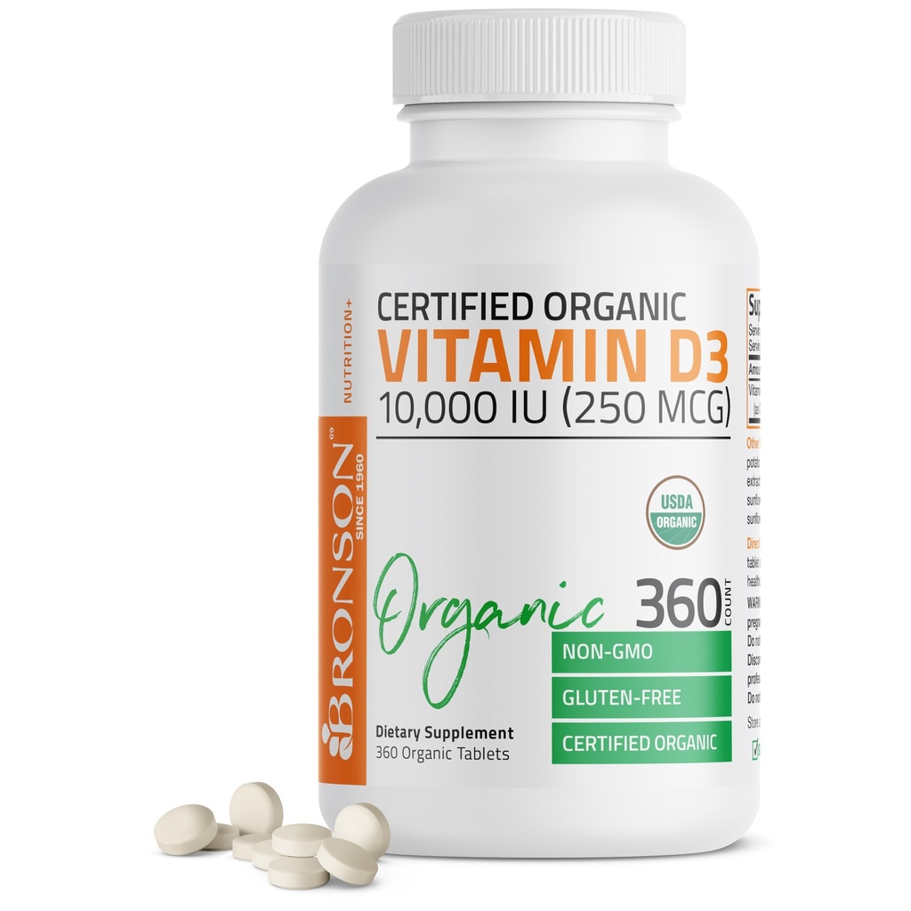 布朗森维生素D3 10,000 IU(250 mcg) 经认证的有机高概率非GMO维生素D补充剂,360平板