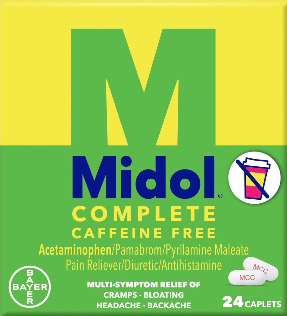 Midol 完全咖啡因自由卡片 24ct: Midol 完全咖啡因自由月经疼痛救济卡片 带有乙酰氨基苯, 提供头痛救济和 24 个时段剪刀救济卡片