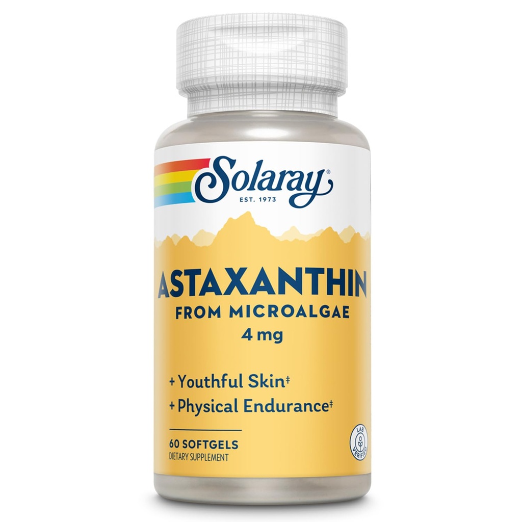 SOLARAY Astaxanthin 4 mg → 抗氧化剂 → 健康眼,皮肤,心血管功能和联合支持 → 60 软胶