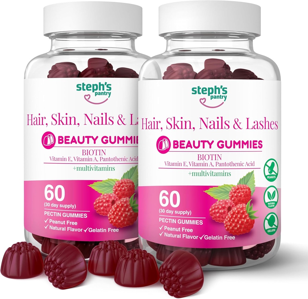 Steph's Pantry Biotin Gummys for hair, Skin, Nails, & Lashes 高强度 Gummys – Daily multivitamins – Gluten - Free, Nut - Free, Non-GMO, Plant-based, Vegan, Kosher (120 Gummys) (英语).