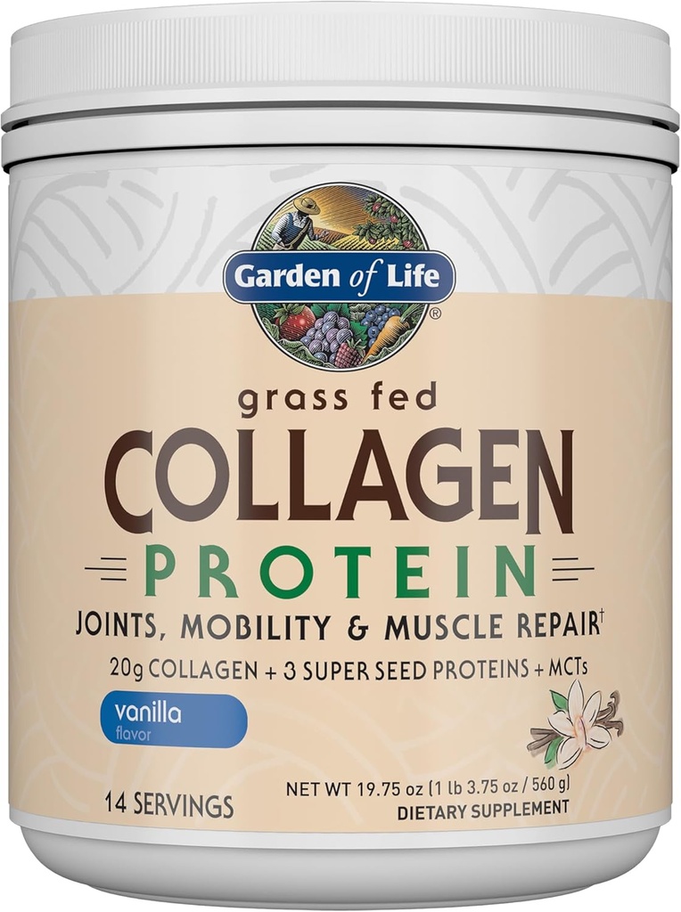 Garden of Life Grass Fed Collagen Protein Powder - Vanilla, 14 Servings, Powder for Joints Mobility Muscle Repair, Collagen Peptides + Super Seeds + Coconut MCTs, Keto Supplement