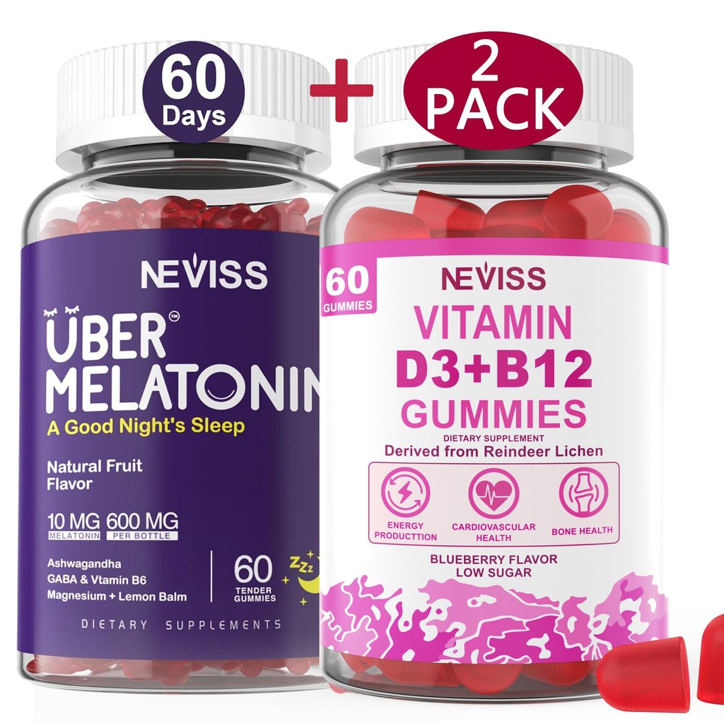 NEVISS Melatonin + 维生素 D3 & B12 Gummys, Vegan, 2+2=4 Pack