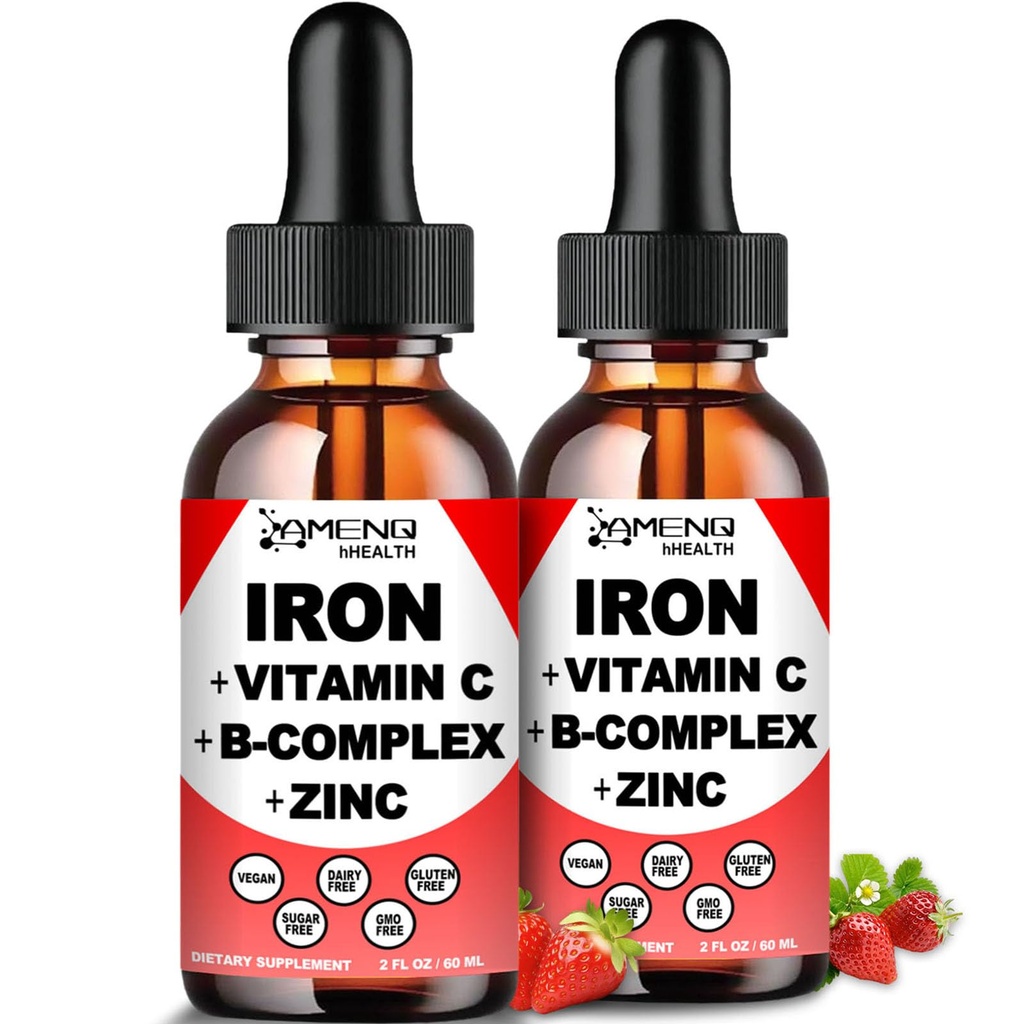 2 Pack液态铁补充剂w/维生素C,A,B-Complex,Vegan 铁滴高概率液态维生素和铁补充剂-支持红血细胞,能源,贫血症和脂肪