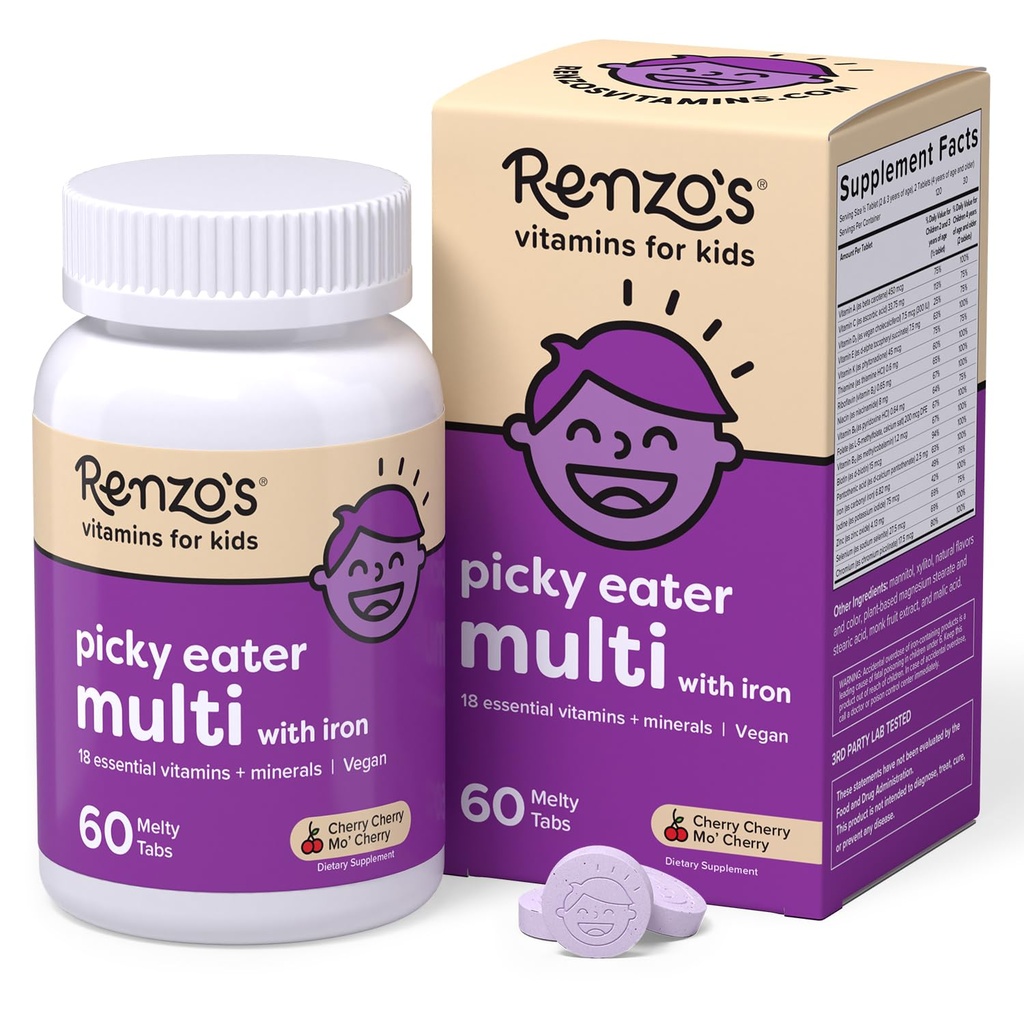 Renzo的"吃肉的小孩多维他命" 用铁,用维生素D3和K2和更多解决孩子们的维生素,60个无糖的糖片,樱桃莫的樱桃裂