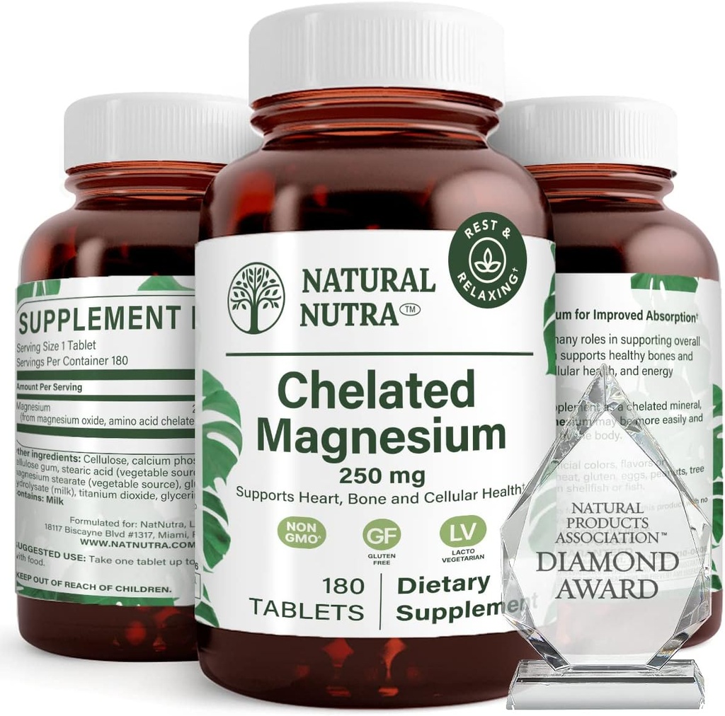 Natural Nutra Chelated Magnesium Oxide 250 mg - 对强骨、心脏健康、能量靴、无胶囊、非GMO的高度吸收,在BPA-无可回收玻璃瓶中的180块(2包)