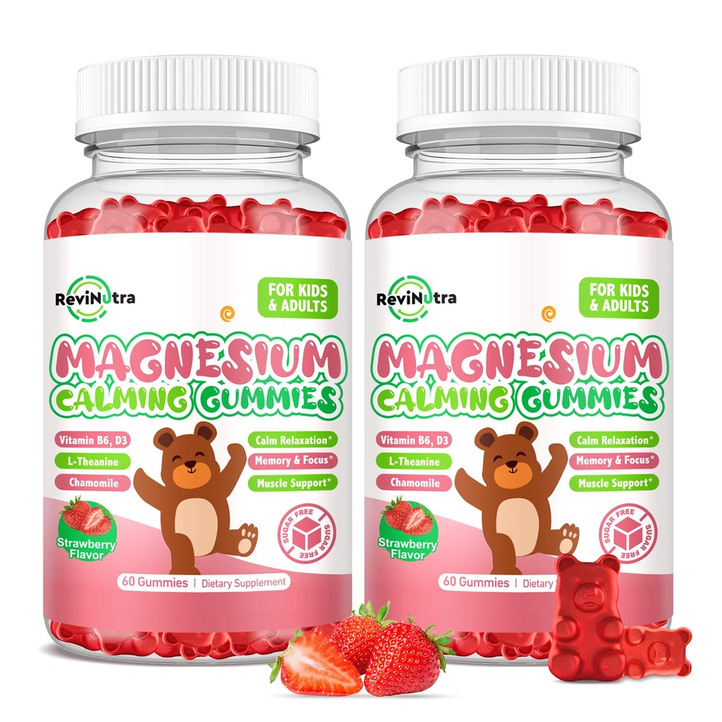 Kids Magnesium Glycinate Gummys, 镁与L-Theanine, 维生素B6, 儿童与成年人的D3, 冷静镁用于睡眠放松, Braine, Bones, Sugar Free Strawberry 120ct