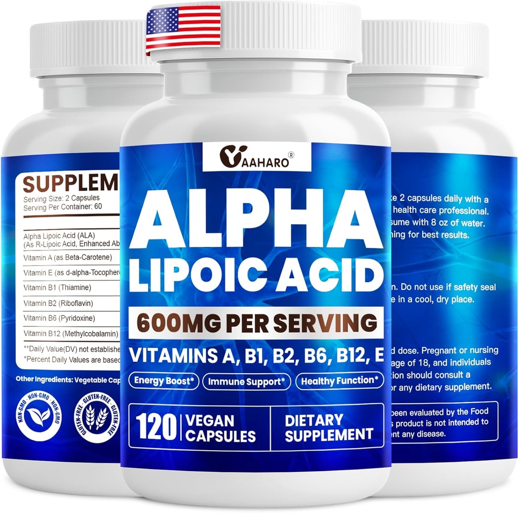 Alpha Lipoic Acid 600mg, ALA 能量助推、免疫支持、健康功能、强化吸收、R-Alpha Lipoic Acid 配有基本维生素,120卡普尔