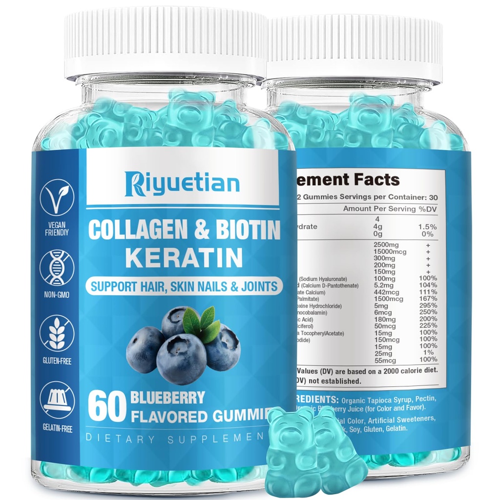 15000mcg的生物素 女性和男性与Collagen – 头发, 皮肤和钉子 Gummys 与Biotin – 女性与Collagen – Vegan, Non-GMO, hair 维生素 - 60 Count, 1 pack