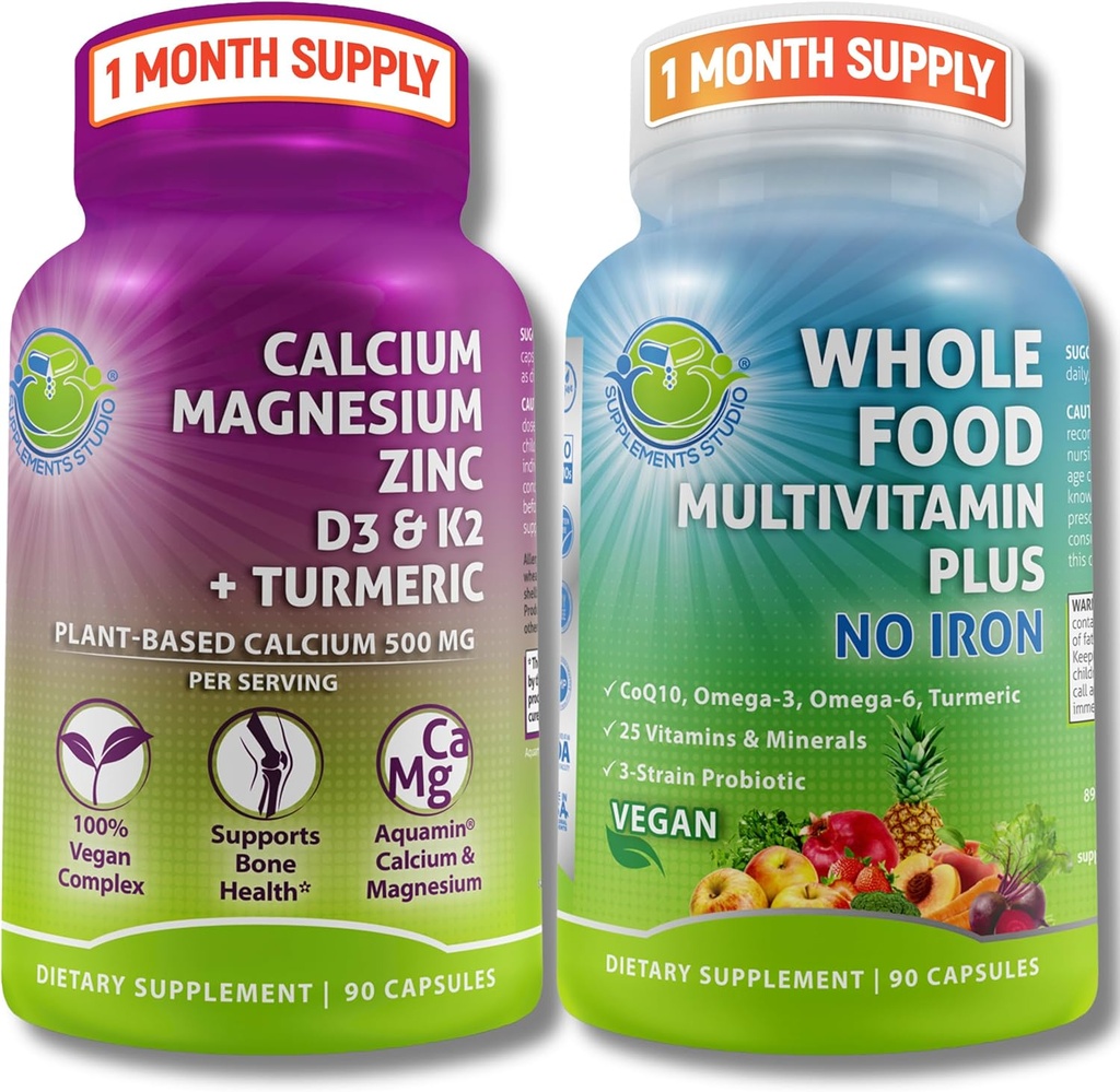 Suppments STUDIO Daily Immune, Bone & Energy Supports Duo for Men & Women – Vegan 全食品 多维他命 不含铁和植物基镁与D3, K2 & Turmeric – Vegan, Non-GMO