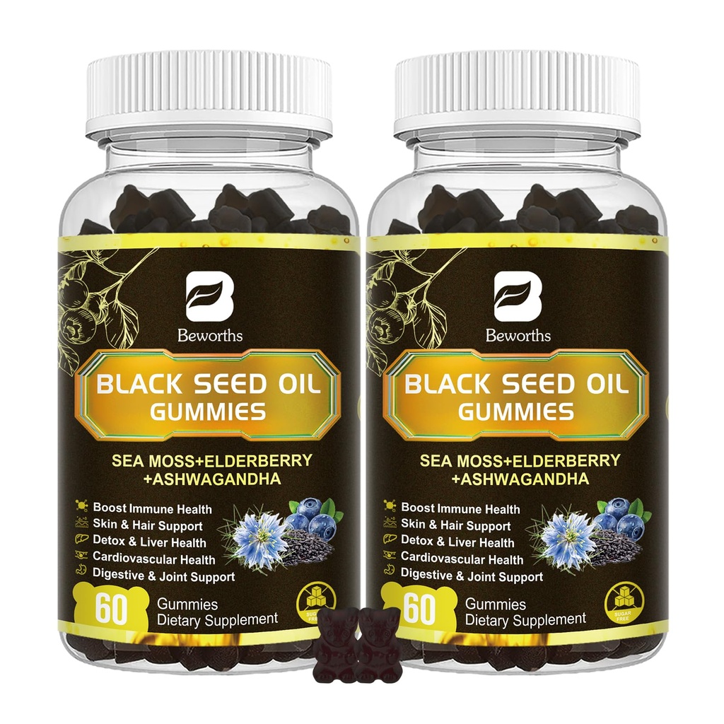 黑籽油与海 莫斯古米,2Pack 爱尔兰海 莫斯古米与黑籽油, Ashwagandha 提取, 长老莓, 涡轮, 维生素C, 维生素D3 - 免疫支持, 联合, 文摘, 毛发和皮肤
