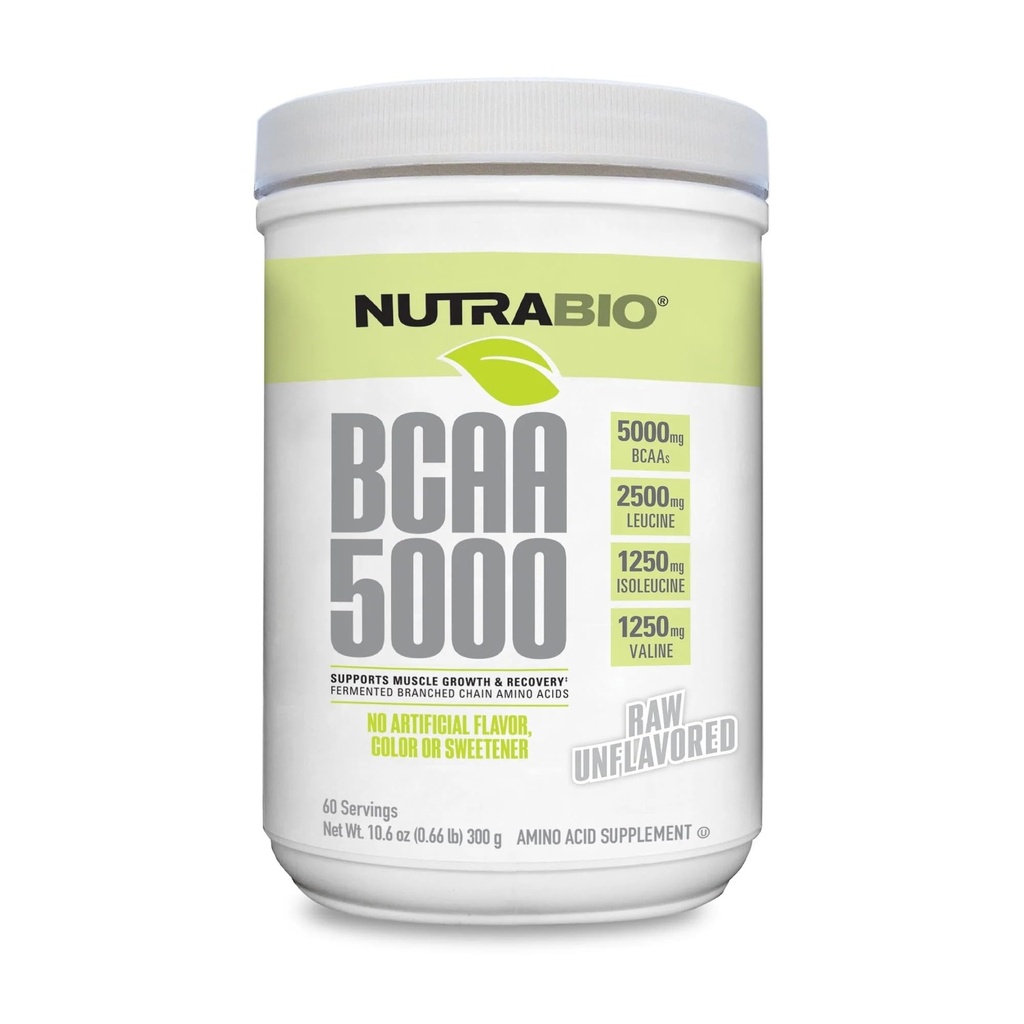 NutraBio BCAA 5000 Powder - Fermented Branched Chain Amino Acids for Muscle Growth & Recovery - Natural Flavors, Sweeteners, and Coloring, Vegan, Gluten Free - Unflavored, 60 Servings