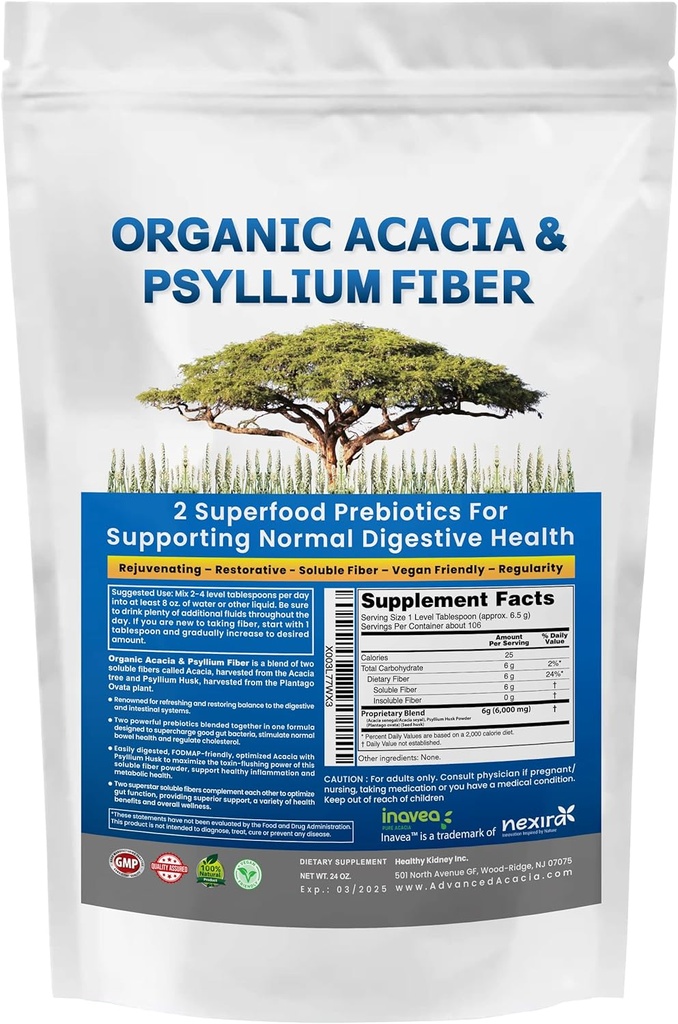 Acacia & Psyllium Husk Fiber Powder 2 有机可溶性纤维消化剂恢复古特营养剂. 有机lium壳和有机阿卡西亚粉末IBS,Leaky Gut 1.5 Ibs(24oz)