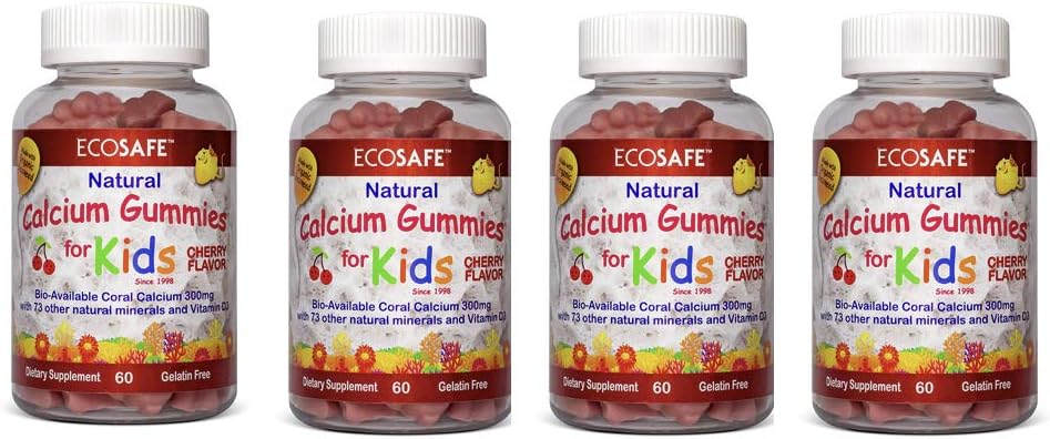 珊瑚钙维生素D3 Kids Gummy, Natural Cherry Flavor, Non GMO, Gluten-Free, Dairy-Free, Soy-Free and Gelatin Free - 300 mg 钙,以及800 IU 维生素D3-60 Gummys (4 Pack).