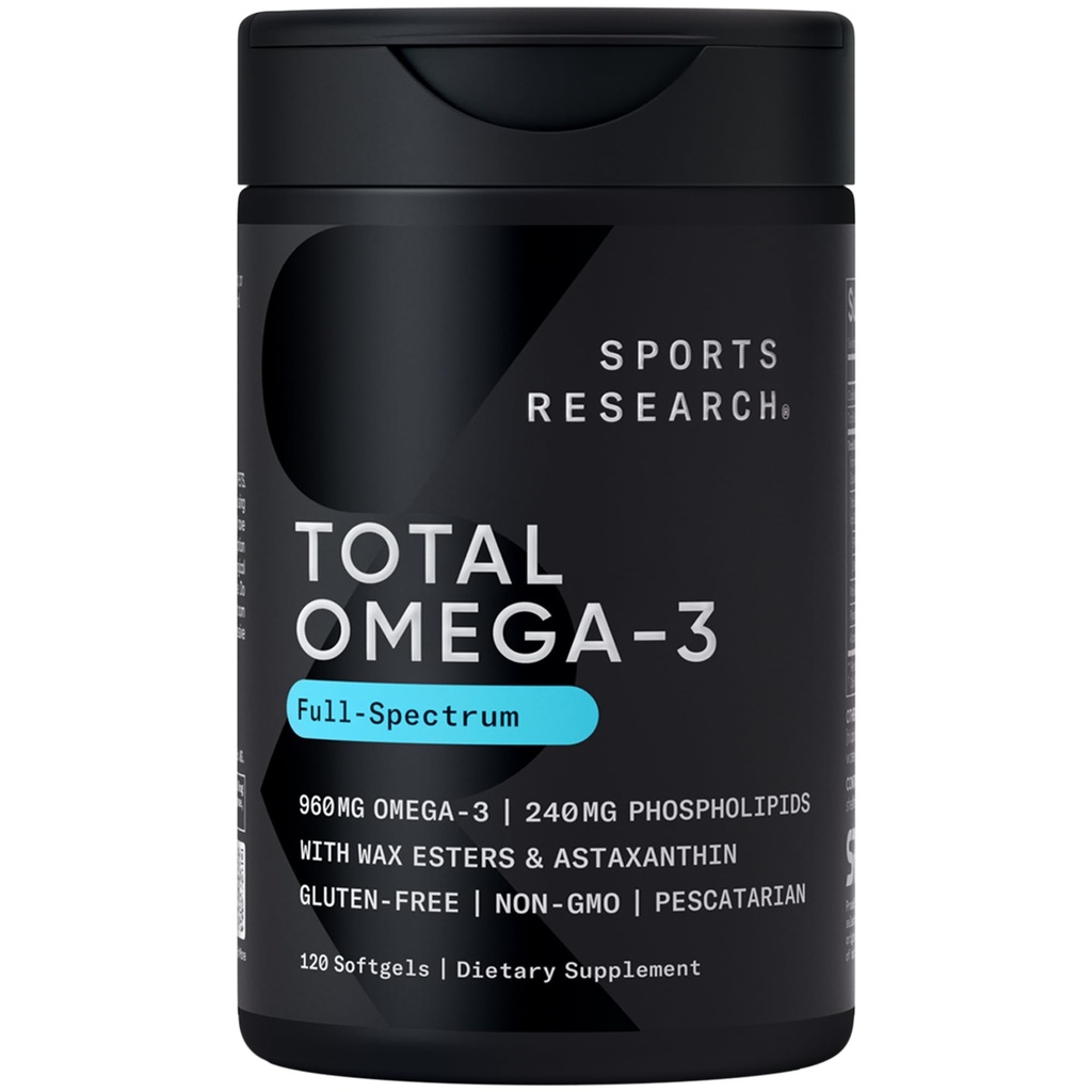 运动研究 ®总Omega-3鱼油 2200mg - 由南极磷虾(Krill w/Astaxanthin),野袜沙门(Wild Sockeye Salmon)和阿拉斯加波洛克(Alaska Pollock)制成 - 960mg of EPA & DHA - 120 Softgels