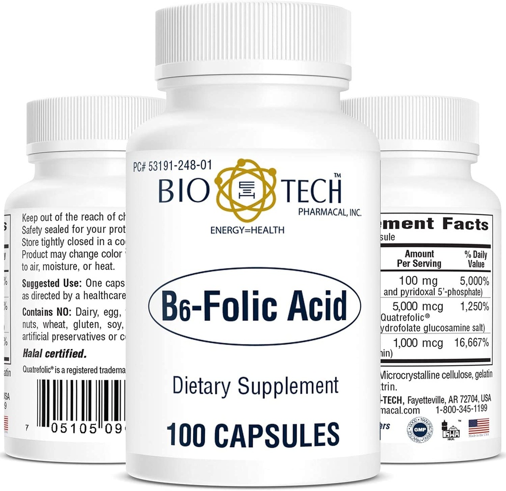 生物-技术药用B6-叶酸,100 Capsules – 全自然补充剂 – 支持心血管,骨骼,神经系统健康 – 无乳制品,鱼,格鲁滕,花生,壳鱼,Halal, & Soy – no