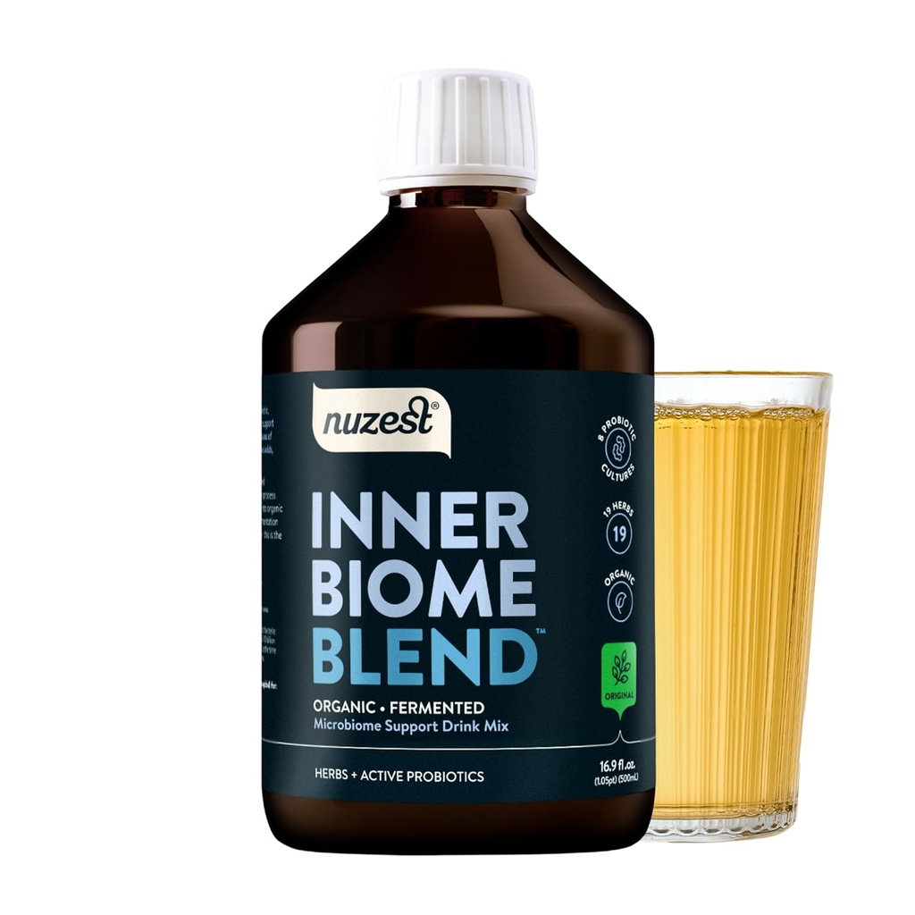 Nuzest - Inner Biome Blend - Prebiotic,Probiotic & Postbiotic Liquid Drink Mix - 微生素支持 - 8 微生素培养,19 发酵的草药 - Vegan - 有机 - 原味 16.9 fl.oz/500ml